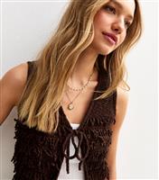 Women's Dark Brown Fringed Tie Front Sleeveless Cardigan New Look
