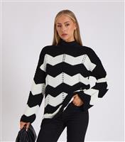 Women's Black Zigzag Knit Oversized Top Gini London New Look