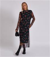 Women's Dark Green Floral Print Mesh Midi Dress Gini London New Look