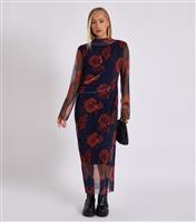 Women's Navy Rose Print Mesh Midi Dress Gini London New Look