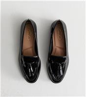 Women's Black Patent Faux Leather Tassel Loafers Vegan New Look