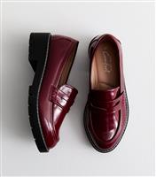 Women's Burgundy Patent Faux Leather Chunky Loafers New Look