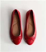 Women's Wide Fit Red Leather Look Ballerina Shoes Vegan New Look