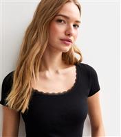 Women's Black Ribbed Jersey Lace Trim Top New Look