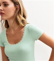 Women's Blue Ribbed Jersey Lace Trim Top New Look