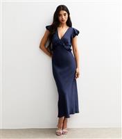 Women's Navy Ruffled Satin V-Neck Midi Dress New Look