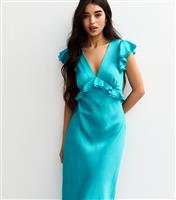 Women's Turquoise Ruffled Satin V-Neck Midi Dress New Look