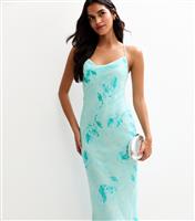 Women's Blue floral Print Chiffon Strappy Midi Dress New Look