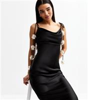 Women's Black Satin Corsage Applique Satin Midi Occasion Dress New Look