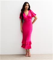 Women's Pink Satin Puff Sleeve Ruffled Midi Dress New Look