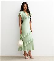 Women's Green Satin Ruffled Midi Dress New Look