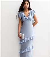 Women's Blue Satin Ruffled Midi Dress New Look