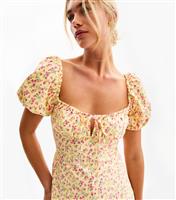 Women's Yellow Floral Print Puff Sleeve Midi Dress New Look