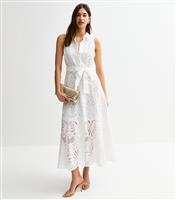 Women's White Broderie Anglaise Belted Midi Shirt Dress New Look