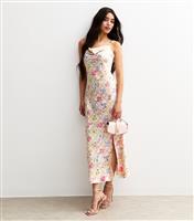 Women's Cream Floral Print Satin Asymmetric Slit Midi Dress New Look