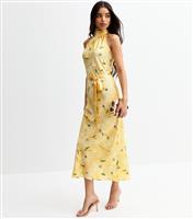Women's Yellow Floral Print Satin Halterneck Midi Dress New Look
