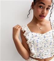 Girls' White Ditsy Print Broderie Embroidered Flutter Sleeve Top New Look