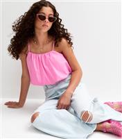 Girls' Bright Pink Poplin Puffball Hem Cropped Top New Look
