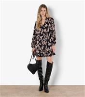 Women's Black Floral Print Shirred Dress Apricot New Look