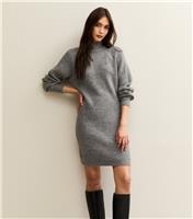 Women's Grey Midweight Knit High Neck Mini Jumper Dress New Look