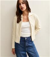 Women's White Cable Knit Collared Zip Through Cardigan New Look