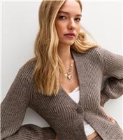 Women's Dark Mink Ribbed Knit Single Button Cardigan New Look