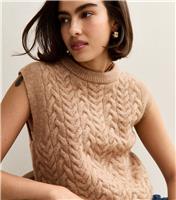 Women's Camel Cable Knit Jumper Vest New Look