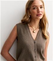 Women's Brown Button Up Knit Waistcoat New Look