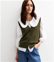 Women's Green Button Up Knit Waistcoat New Look