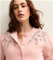 Women's Pink Diamante Floral Embellished Crew Neck Cardigan New Look