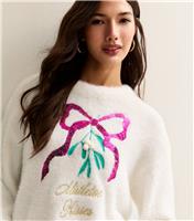 Women's White Fluffy Embroidered Mistletoe Motif Jumper New Look