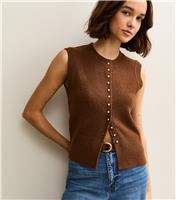 Women's Dark Brown Crew Neck Contrast Button Knit Waistcoat New Look