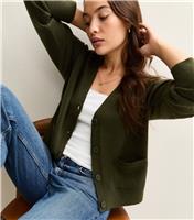 Women's Khaki Button Front Patch Pocket Cardigan New Look