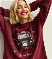 Women's Dark Red Home Bound Taxi Christmas Jumper New Look