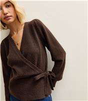 Women's Dark Brown Puff Sleeve Wrap Jumper New Look