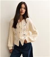 Women's Off White Cable Knit Sequin Embellished Cardigan New Look