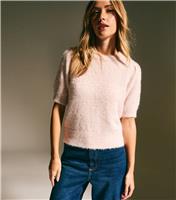 Women's Mid Pink Fluffy Sparkle Knit Short Sleeve Jumper New Look