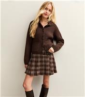 Women's Brown Ribbed Knit Collared Button Through Cardigan New Look