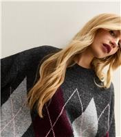 Women's Dark Grey Argyle Knit Oversized Jumper New Look