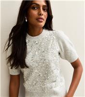 Women's Grey Sequin Embellished Knitted Top New Look