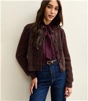 Women's Dark Brown Fluffy Texture Crew Neck Cardigan New Look