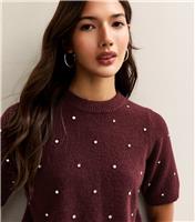 Women's Dark Burgundy Diamant Embellished Short Sleeve Top New Look