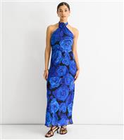 Women's Blue Floral Print Halter Neck Maxi Dress Gini London New Look