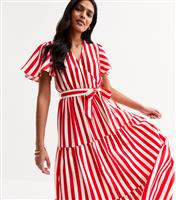 Women's Red Striped Belted Midi Dress Gini London New Look