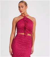 Women's Dark Pink Frilly Trim Lace Halterneck Top Quiz New Look
