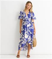Women's Blue Floral Print Wrap Midi Dress Gini London New Look
