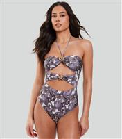Women's Black Shell Embellished Abstract Print Cut Out Swimsuit South Beach New Look