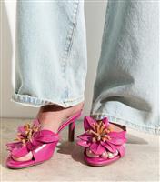 Women's Bright Pink Faux Leather Floral Appliqued Mules Vegan New Look