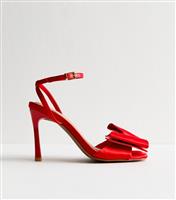 Women's Red Satin Bow Embellished Heeled Sandals Vegan New Look