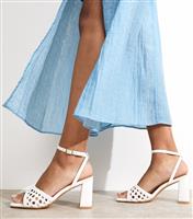 Women's White Faux Leather Woven Strap Block Heel Sandals New Look